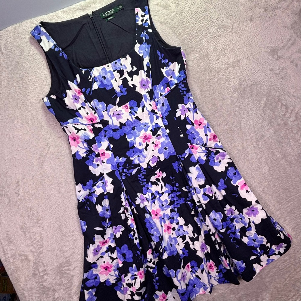 Lauren Ralph Lauren Youth Dress 14 Navy Blue Floral Pleated Fit and Flare Pocket